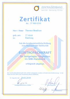 Bild Zertifikat Elektrofachkraft